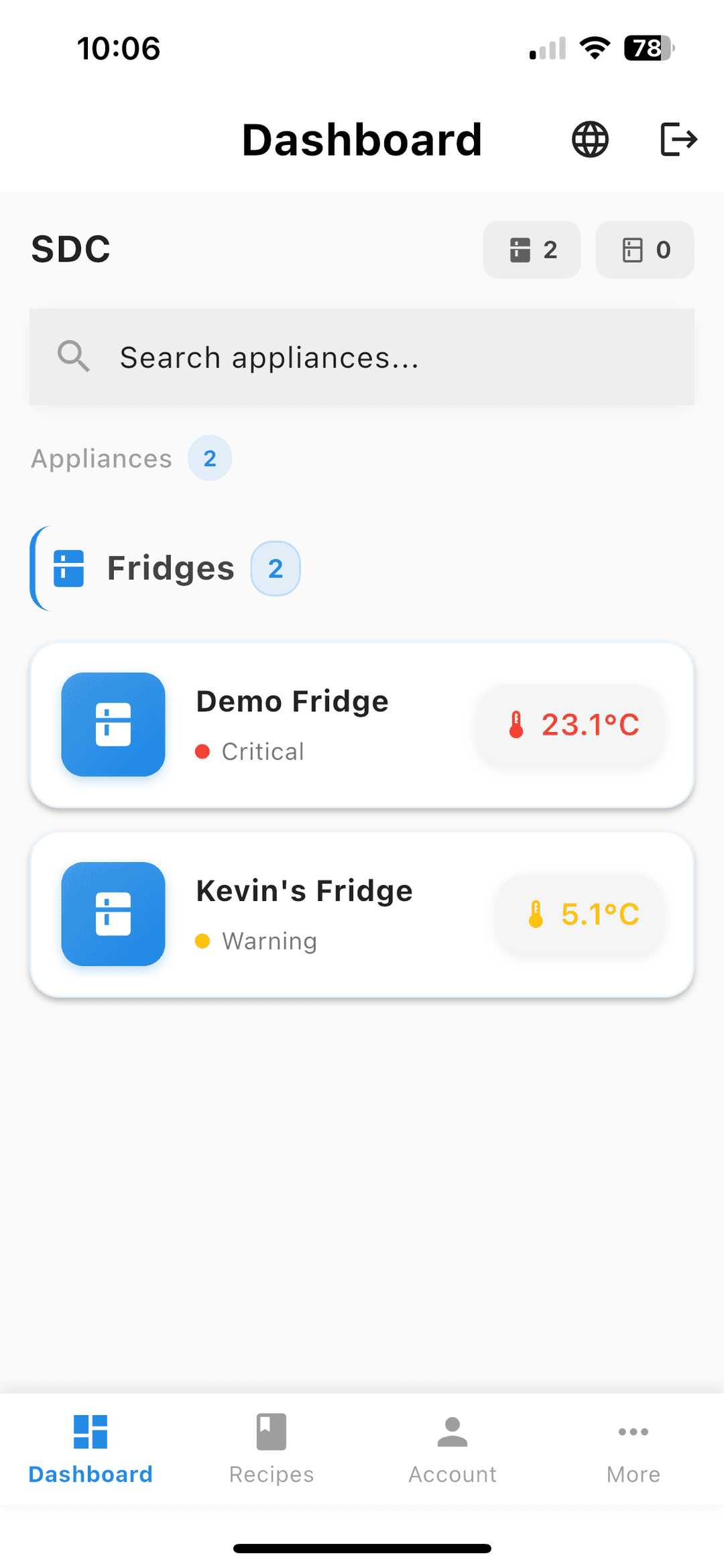 Kryos Mobile App - Dashboard View