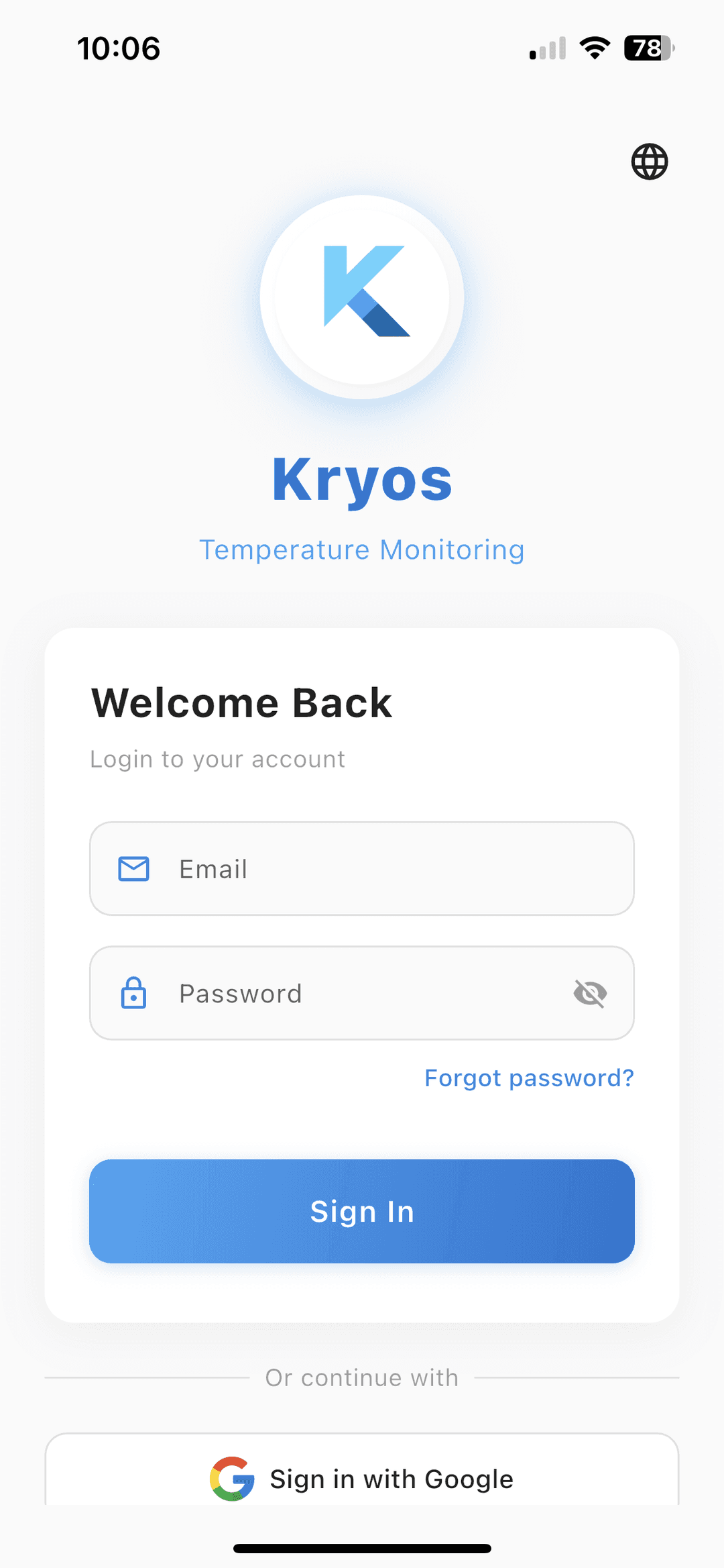 Kryos Mobile App - Login Screen